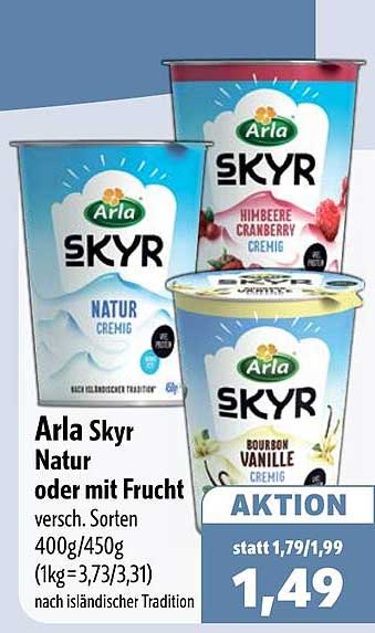 Arla Skyr Natur oder mit Frucht vers. Sorten 400g/450g (1kg=3,73/3,31) nach isländischer Tradition