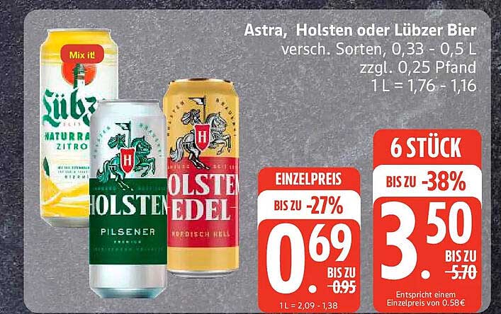 Astra, Holsten oder Lübzer Bier versch. Sorten, 0,33 - 0,5 L zzgl. 0,25 Pfand 1L = 1,76 - 1,16