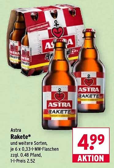 Astra Rakete* und weitere Sorten, je 6 x 0,33-l-MW-Flaschen zzgl. 0,48 Pfand, 1-l-Preis 2.52