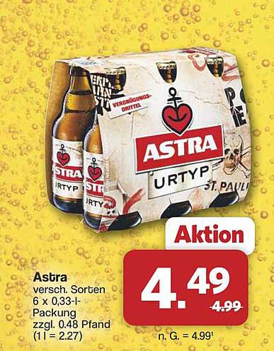 Astra versc. Sorten 6 x 0,33-l-Packung zzgl. 0,48 Pfand (1 l = 2,27)