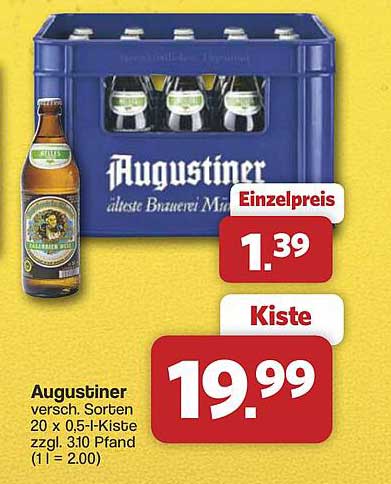 Augustiner versch. Sorten 20 x 0,5-l-Kiste zzgl. 3,10 Pfand (1 l = 2.00)