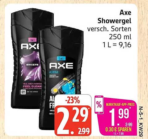 Axe Showergel versch. Sorten 250 ml 1 L = 9,16