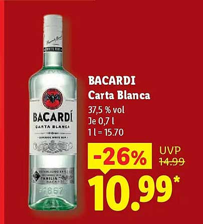 BACARDI Carta Blanca 37,5 % vol Je 0,7 l 1 l = 15.70