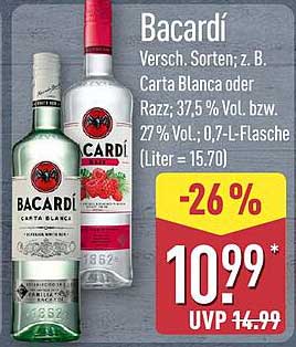 Bacardí Versch. Sorten, z. B. Carta Blanca oder Razz; 37,5 % Vol. bzw. 27 % Vol.; 0,7-L-Flasche