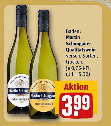 Baden: Martin Schongauer Qualitätswein versch. Sorten, trocken, je 0,75-l-FL. (1 l = 5.32)