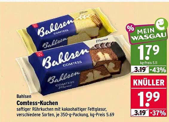 Bahlsen Comtess-Kuchen saftiger Rührkuchen mit kakahaltiger Fettglasur, verschiedene Sorten, je 350-g-Packung, kg-Preis 5.69