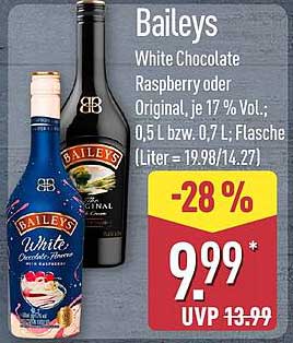 Baileys White Chocolate Raspberry oder Original, je 17 % Vol.; 0,5 l bzw. 0,7 l Flasche