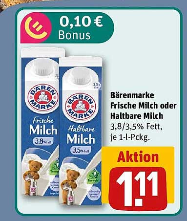 Bärenmarke Frische Milch oder Haltbare Milch 3,8/3,5% Fett, je 1-L-Pckg.