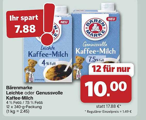 Bärenmarke Leichte oder Genussvolle Kaffee-Milch 4 % Fett / 7,5 % Fett 12 x 340-g-Packung (1 kg = 2.45)
