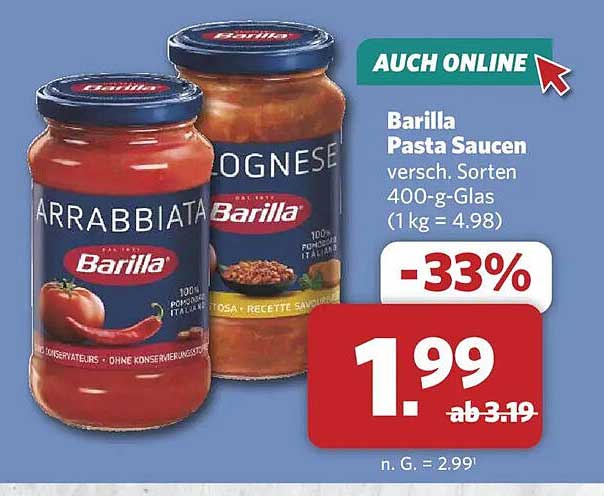 Barilla Pasta Saucen versch. Sorten 400-g-Glas (1 kg = 4.98)