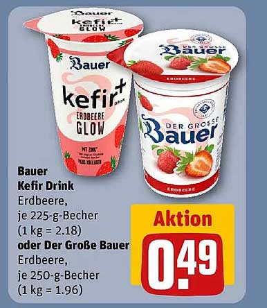 Bauer Kefir Drink Erdbeere, je 225-g-Becher (1 kg = 2.18) oder Der Große Bauer Erdbeere, je 250-g-Becher (1 kg = 1.96)