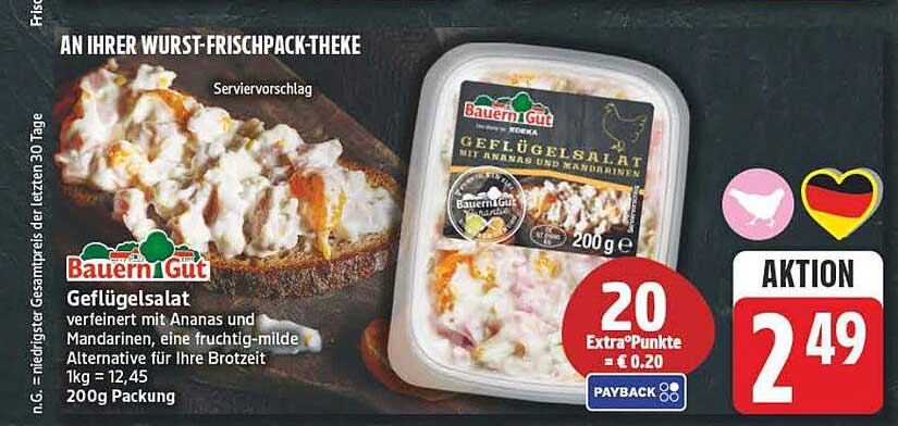 Bauern Gut Geflügelsalat verfeinert mit Ananas und Mandarinen, eine fruchtig-milde Alternative für Ihre Brotzeit 200g Packung
