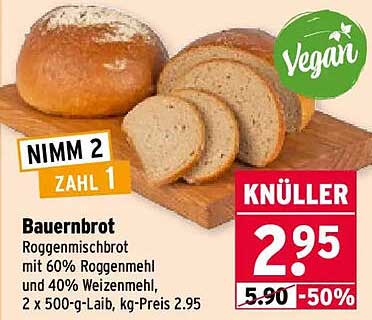 Bauernbrot Roggenmischbrot mit 60% Roggenmehl und 40% Weizenmehl, 2 x 500g-Lag.