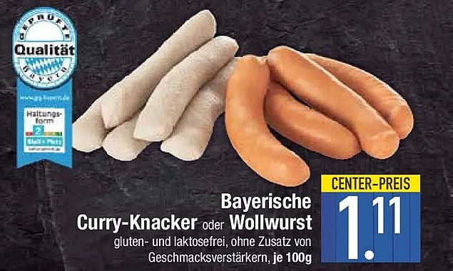 Bayerische Curry-Knacker oder Wollwurst gluten- und laktosefrei, ohne Zusatz von Geschmacksverstärkern, je 100g