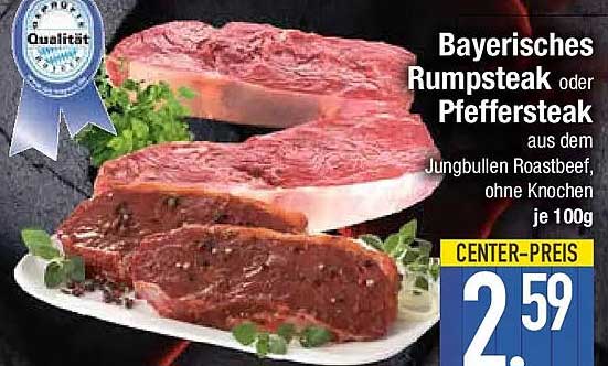 Bayerisches Rumpsteak oder Pfeffersteak aus dem Jungbullen Roastbeef, ohne Knochen je 100g