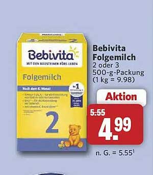 Bebivita Folgemilch 2 oder 3 500-g-Packung (1 kg = 9.98)