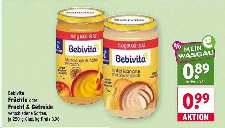 Bebivita Früchte oder Frucht & Getreide verschiedene Sorten, je 250-g-Glas, kg-Preis 3.96