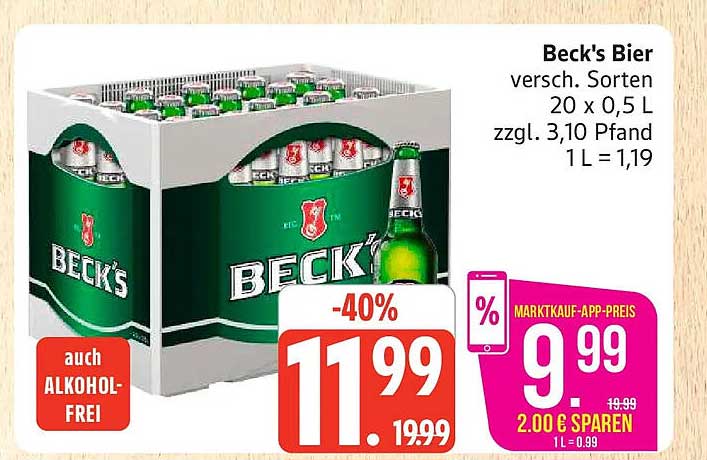 Beck's Bier versh. Sorten 20 x 0,5 L zzgl. 3,10 Pfand 1 L = 1,19