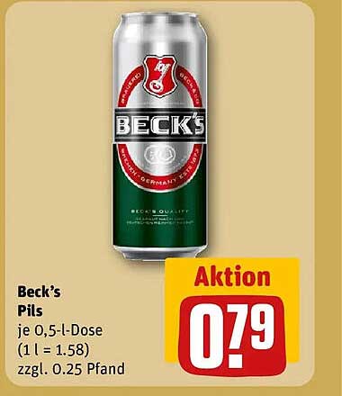 Beck's Pils je 0,5-l-Dose (1 l = 1.58) zzgl. 0.25 Pfand