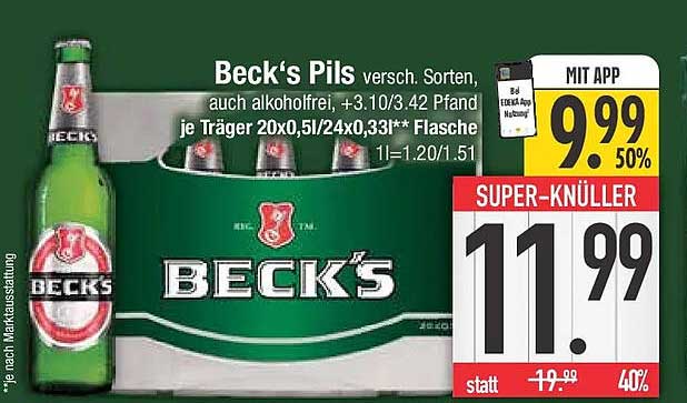 Beck's Pils versh. Sorten, auch alkoholfrei, +3.10/3.42 Pfand je Träger 20x0,5l/24x0,33l** Flasche 1l=1.20/1.51