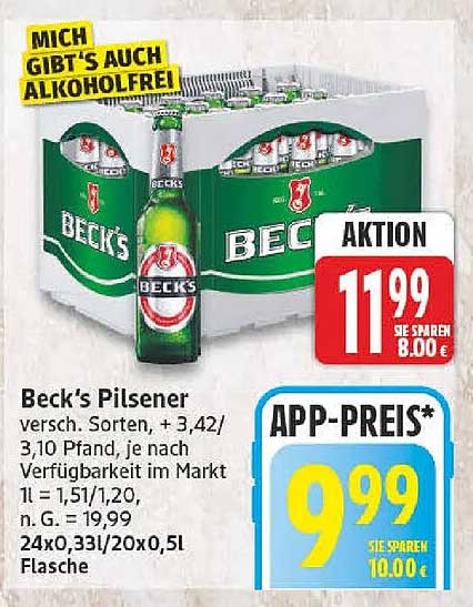 Beck's Pilsener versch. Sorten, + 3,42/3,10 Pfand, je nach Verfügbarkeit im Markt 1l = 1,51/1,20, n. G. = 19,99 24x0,33l/20x0,5l Flasche
