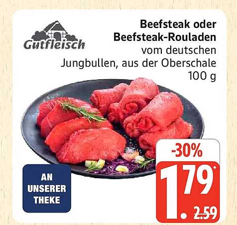 Beefsteak oder Beefsteak-Rouladen vom deutschen Jungbullen, aus der Oberschale 100 g