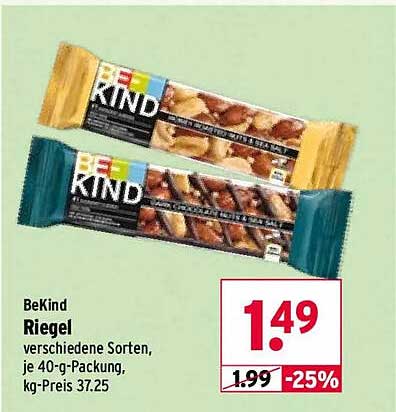 BeKind Riegel verschiedene Sorten, je 40-g-Packung, kg-Preis 37.25