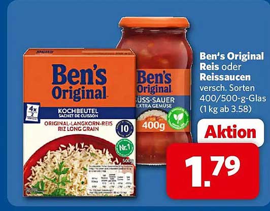 Ben's Original Reis oder Reissaucen versch. Sorten 400/500-g-Glas (1 kg ab 3.58)