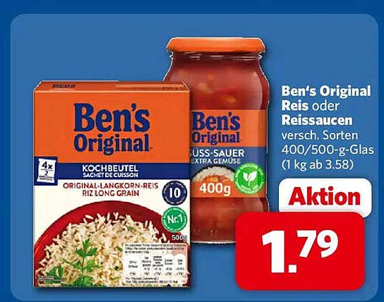 Ben's Original Reis oder Reissaucen versch. Sorten 400/500-g-Glas (1 kg ab 3.58)