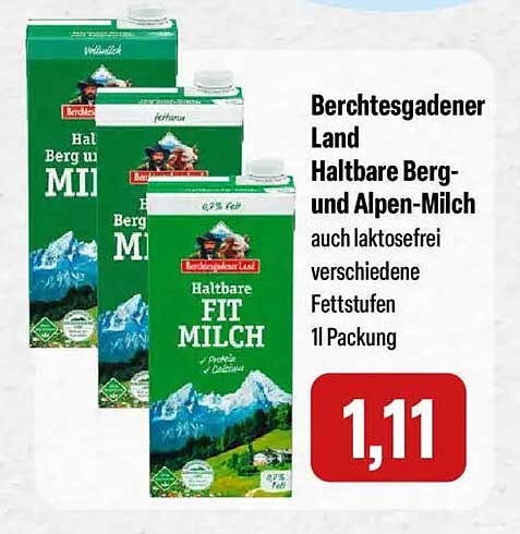 Berchtesgadener Land Haltbare Berg- und Alpen-Milch auch laktosefrei verschiedene Fettstufen 1l Packung