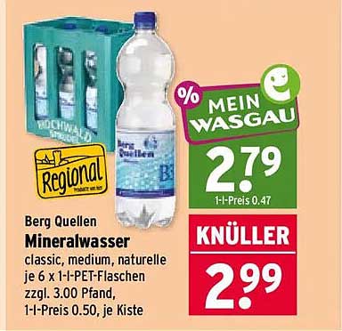 Berg Quellen Mineralwasser classic, medium, naturelle je 6 x 1-l-PET-Flaschen zzgl. 3,00 Pfand, 1-l-Preis 0.50, je Kiste