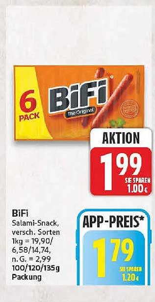 BiFi Salami-Snack, versch. Sorten 1kg = 19,90/6,58/14,74, n.G. = 2,99, 100/120/135g Packung