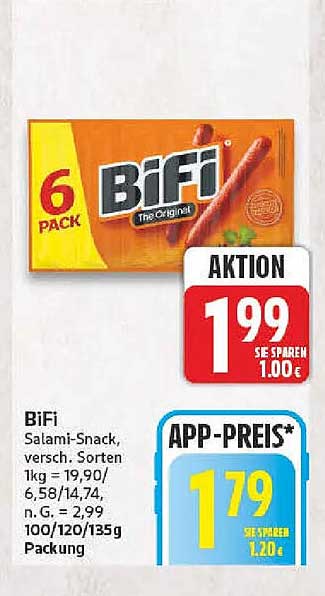Bifi Salami-Snack, versch. Sorten 1kg = 19,90/6,58/14,74, n.G. = 2,99 100/120/135g Packung