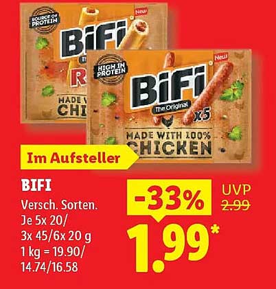 BIFI Versch. Sorten. Je 5x 20/3x 45/6x 20 g 1 kg = 19.90/14.74/16.58