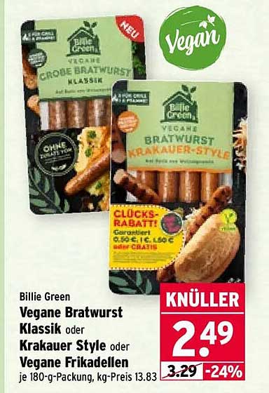 Billie Green Vegane Bratwurst Klassik oder Krakauer Style oder Vegane Frikadellen