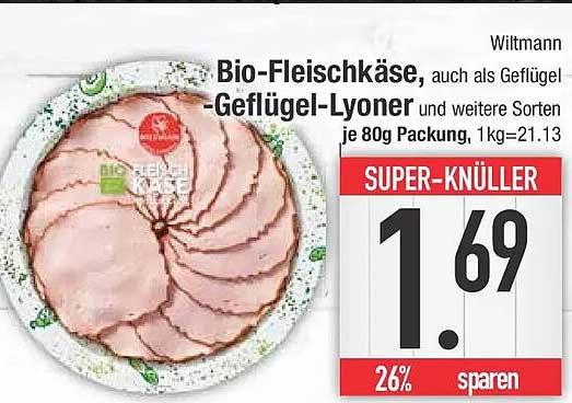 Bio-Fleischkäse, auch als Geflügel-Geflügel-Lyoner und weitere Sorten je 80g Packung, 1kg=21.13