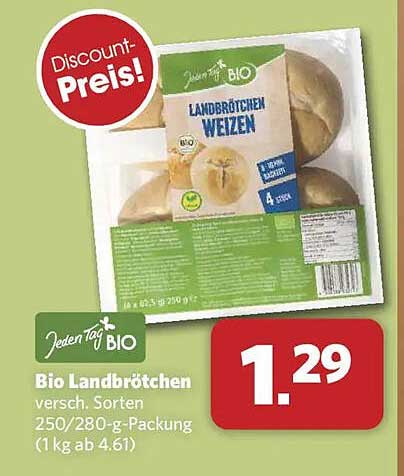 Bio Landbrötchen versch. Sorten 250/280-g-Packung (1 kg ab 4,61)