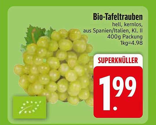 Bio-Tafeltrauben hell, kernlos, aus Spanien/Italien, Kl. II 400g Packung 1kg=4.98