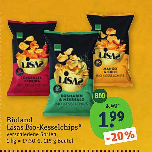 Bioland Lisas Bio-Kesselchips⁸ verschiedene Sorten, 1 kg = 17,30 €, 115 g Beutel