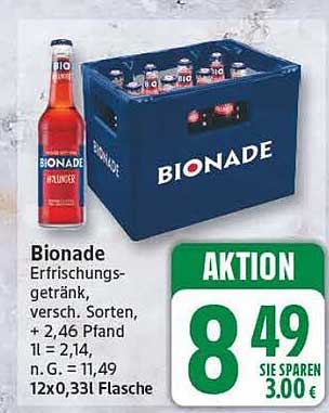 Bionade Erfrischungsgetränk, versch. Sorten, + 2,46 Pfand lt = 2,14, n.G. = 11,49, 12x0,33l Flasche