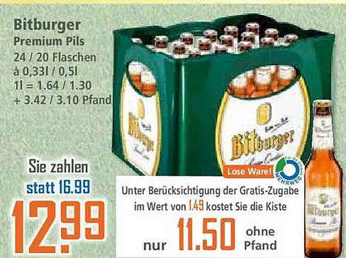 Bitburger Premium Pils 24/20 Flaschen à 0,331 / 0,5l