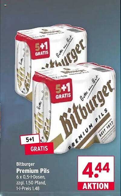 Bitburger Premium Pils 6 x 0,5-l-Dosen, zzgl. 1,50 Pfand, 1-l-Preis 1,48