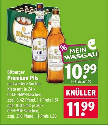 Bitburger Premium Pils und weitere Sorten, Kiste mit je 24 x 0,33-l-MW-Flaschen, zzgl. 3.42 Pfand, 1-l-Preis 1.51 oder Kiste mit je 20 x 0,5-l-MW-Flaschen, zzgl. 3.10 Pfand, 1-l-Preis 1.20