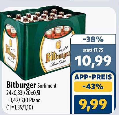 Bitburger Sortiment 24x0,33l/20x0,5l +3,42/3,10 Pfand (1l=1,39/1,10)