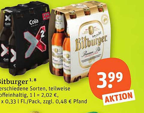 Bitburger verschiedene Sorten, teilweise koffeinhaltig, 1 l = 2,02 €; 6 x 0,33 l Fl./Pack, zzgl. 0,48 € Pfand