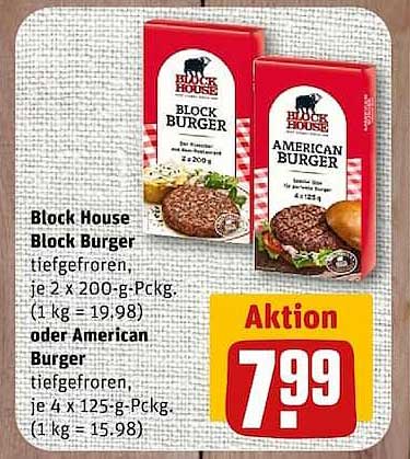 Block House Block Burger tiefgefroren, je 2 x 200-g-Packg. (1 kg = 19.98) oder American Burger tiefgefroren, je 4 x 125-g-Packg. (1 kg = 15.98)