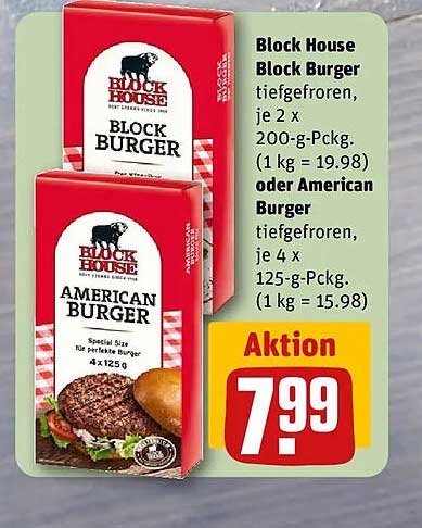Block House Block Burger tiefgefroren, je 2 x 200-g-Pckg. (1 kg = 19.98) oder American Burger tiefgefroren, je 4 x 125-g-Pckg. (1 kg = 15.98)