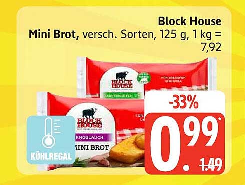 Block House Mini Brot, versch. Sorten, 125 g, 1 kg = 7,92