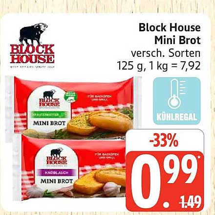 Block House Mini Brot versch. Sorten 125 g, 1 kg = 7,92