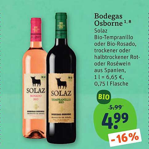 Bodegas Osborne Solaz Bio-Tempranillo oder Bio-Rosado, trockener oder halbtrockener Rot- oder Roséwein aus Spanien, 1 l = 6,65 €, 0,75 l Flasche